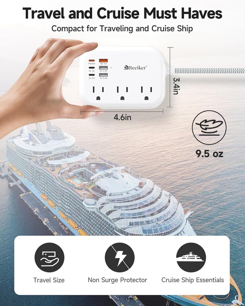 Beeiker PD45W USB C Travel Power Strip, Cruise Power Strip with 6 USB(3 USB C) Ports and 3 Outlets, 5Ft Flat Plug Braided Extension Cord, 45W Fast Charging Station for MacBook Laptops iPad Pro iPhone Samsung - Image 5